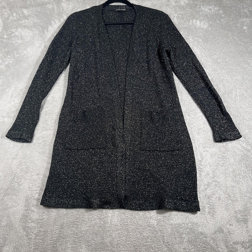Eileen Fisher Cardigan Sweater Womens Small Black Metallic Wool Blend Open Front